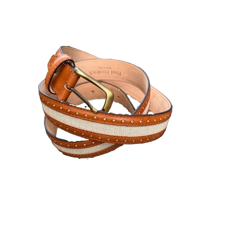 Paul Fredrick Italian Leather Canvas Belt Tan Brown Brass Buckle Size 44